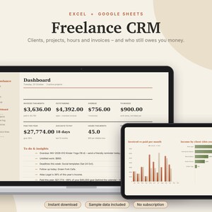 K&ouml;nnte beinhalten: Ein digitales Freelance-CRM-Dashboard f&uuml;r Excel und Google Sheets auf einem Laptop- und Tablet-Bildschirm. Die Benutzeroberfl&auml;che zeigt Finanzkennzahlen, Projektverfolgung und Datenvisualisierungen wie Balkendiagramme.
