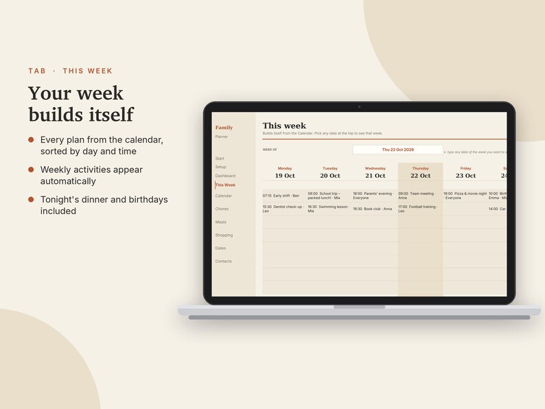 Family Planner Excel & Google Sheets, Weekly Family Calendar, Chore Chart with Rewards, Meal Planner, Family Organizer | Neutral Cream image 5