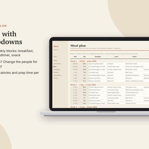 Matplanerare i Excel och Google Sheets, veckovis matplan med automatisk inköpslista, receptbok, skafferi + matbudgetuppföljare | Neutral Cream bild 5