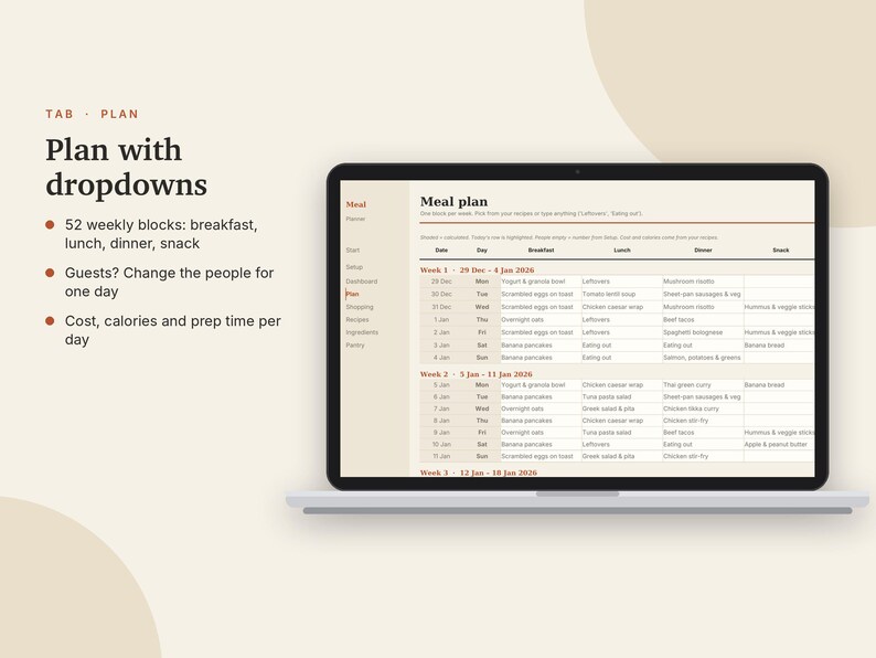 Matplanerare i Excel och Google Sheets, veckovis matplan med automatisk inköpslista, receptbok, skafferi + matbudgetuppföljare | Neutral Cream bild 5