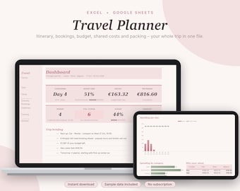 Travel Planner Excel & Google Sheets, Trip Itinerary, Travel Budget, Group Trip Expense Splitter, Packing List Spreadsheet | Pink Aesthetic