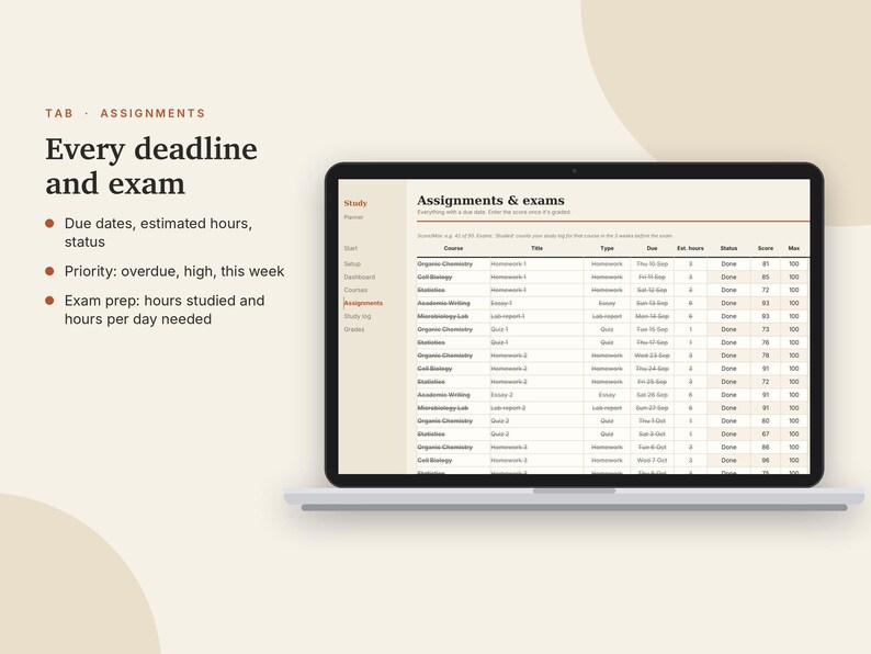 Studentplanerare Excel och Google Sheets, Uppgiftsspårare, Betygskalkylator + GPA-spårare, Tentamen + Studieplanerare, Högskola | Neutral Cream bild 6
