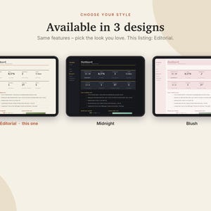 May include: Three digital tablet screens displaying a dashboard interface in three colour themes: Editorial with a cream background, Midnight with a dark charcoal background, and Blush with a soft pink background. Text includes Choose your style.
