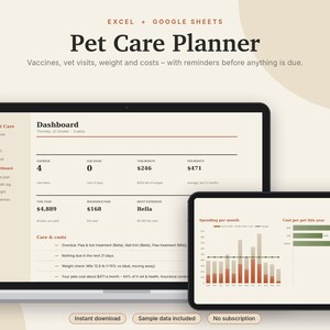 Pet Care Planner Excel & Google Sheets, Dog + Cat Health Record, Vaccination Tracker, Vet Log, Pet Expense Tracker | Neutral Cream image 1