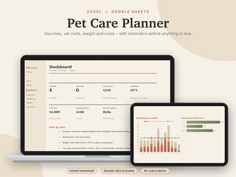 Pet Care Planner Excel & Google Sheets, Dog + Cat Health Record, Vaccination Tracker, Vet Log, Pet Expense Tracker | Neutral Cream image 1