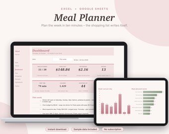 Meal Planner Excel & Google Sheets, Weekly Meal Plan with Auto Grocery List, Recipe Book, Pantry + Food Budget Tracker | Pink Aesthetic