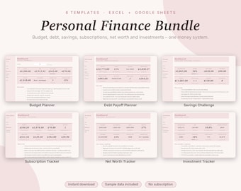 Personal Finance Spreadsheet Bundle Excel & Google Sheets, Budget Planner, Debt Payoff, Savings, Net Worth, Investments | Pink Aesthetic