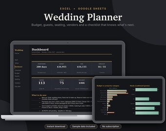 Hochzeitsplaner (Excel & Google Sheets), Hochzeitsbudget, Gästeliste + RSVP-Tracker, Sitzplan, Checkliste + Dienstleister-Tracker | Dunkelmodus