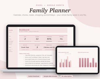 Family Planner Excel & Google Sheets, Weekly Family Calendar, Chore Chart with Rewards, Meal Planner, Family Organizer | Pink Aesthetic