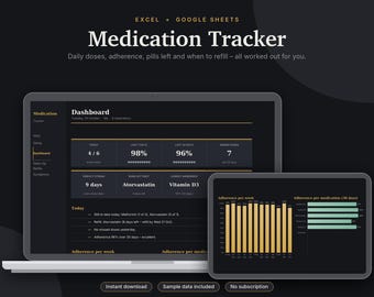 Medication Tracker Excel & Google Sheets, Pill Log, Daily Medicine Schedule, Refill Reminder, Health Tracker | Dark Mode