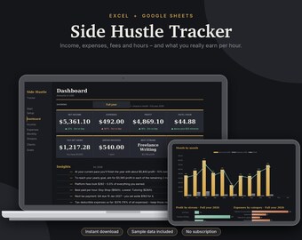 Nebenverdienst-Tracker (Excel & Google Sheets), Einnahmen-Ausgaben-Tracker, Gewinn-Dashboard für Freelancer, Tabellenkalkulation für Kleinunternehmen | Dunkelmodus