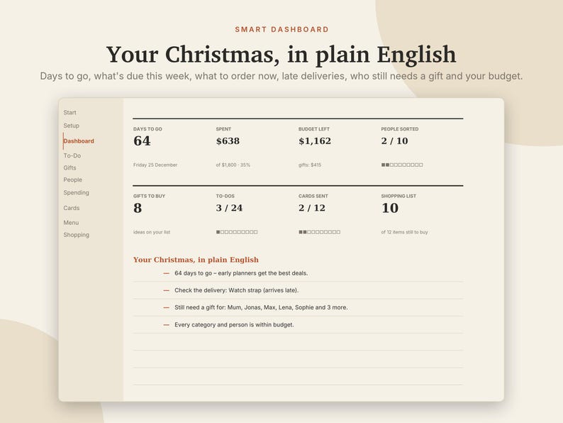 Christmas Planner Excel & Google Sheets, Holiday Budget + Gift List, Christmas Card List, Menu, Holiday To-Do Checklist | Neutral Cream image 2