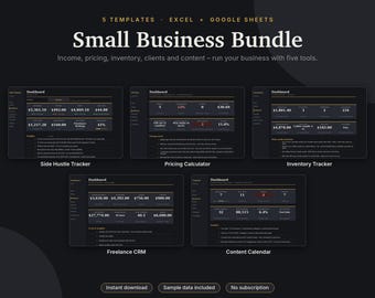 Small Business Spreadsheet Bundle Excel & Google Sheets, Income Expense Tracker, Pricing, Inventory, Client CRM, Content | Dark Mode