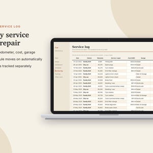 May include: A laptop screen displaying a digital service log spreadsheet for vehicle maintenance. The interface includes columns for date, vehicle, odometer, service or repair, cost, and garage. Text on the left reads: TAB SERVICE LOG Every service and repair.
