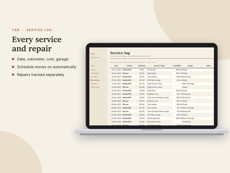 May include: A laptop screen displaying a digital service log spreadsheet for vehicle maintenance. The interface includes columns for date, vehicle, odometer, service or repair, cost, and garage. Text on the left reads: TAB SERVICE LOG Every service and repair.