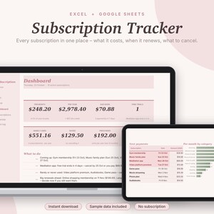 Subscription Tracker Excel & Google Sheets, Recurring Payment + Bill Tracker, Free Trial + Renewal Reminder, Budget Sheet | Pink Aesthetic