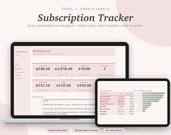 Abonnementverwaltung in Excel & Google Sheets, wiederkehrende Zahlungen + Rechnungsübersicht, kostenlose Testphase + Verlängerungserinnerung, Budgetübersicht | Pink Aesthetic