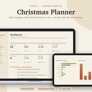 Christmas Planner Excel & Google Sheets, Holiday Budget + Gift List, Christmas Card List, Menu, Holiday To-Do Checklist | Neutral Cream image 1