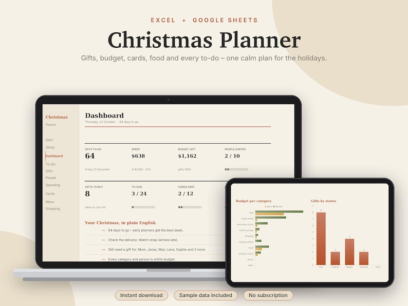 Christmas Planner Excel & Google Sheets, Holiday Budget + Gift List, Christmas Card List, Menu, Holiday To-Do Checklist | Neutral Cream image 1