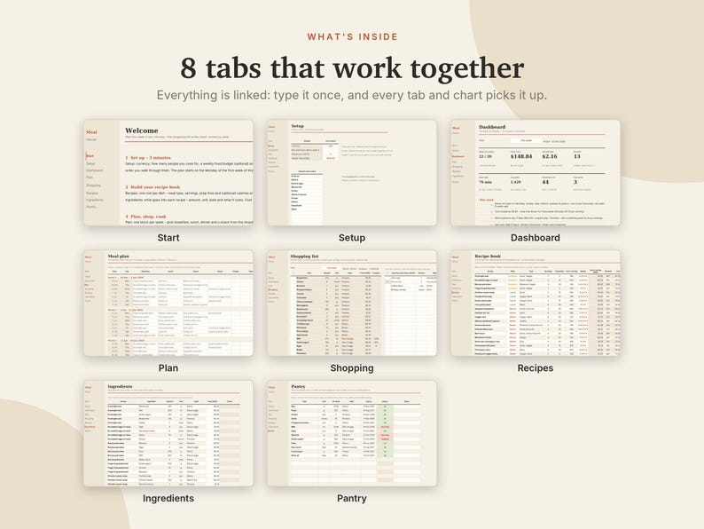 Matplanerare i Excel och Google Sheets, veckovis matplan med automatisk inköpslista, receptbok, skafferi + matbudgetuppföljare | Neutral Cream bild 4