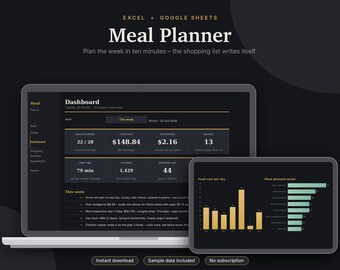 Meal Planner Excel & Google Sheets, Weekly Meal Plan with Auto Grocery List, Recipe Book, Pantry + Food Budget Tracker | Dark Mode