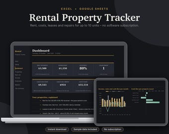 Rental Property Tracker Excel & Google Sheets, Landlord Spreadsheet, Rent Roll, Rental Income + Expense, Tax Summary | Dark Mode