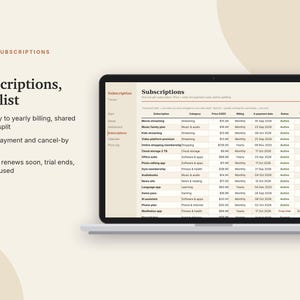 K&ouml;nnte beinhalten: Ein Laptop-Bildschirm zeigt eine digitale Abonnement-Tracking-Oberfl&auml;che mit einer Tabelle, die Dienste, Kategorien, Preise, Abrechnungszyklen und Zahlungsdaten auflistet. Der Text lautet: Tab Subscriptions, All subscriptions, one list, Weekly to yearly billing, shared plans split, Next payment and cancel-by date, Alerts: renews soon, trial ends, rarely used.
