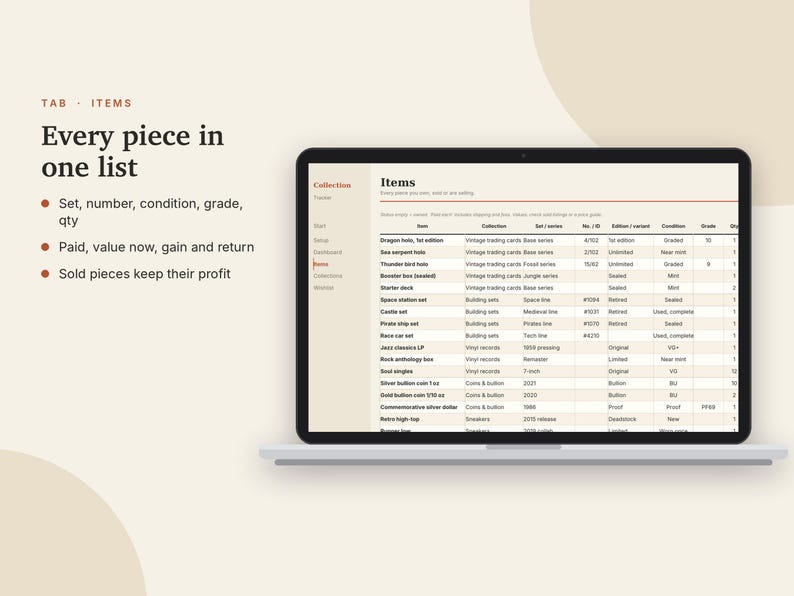 Registro di valutazione della collezione in Excel e Fogli Google, Inventario delle carte collezionabili, Monete, Dischi in vinile + Collezione di scarpe da ginnastica / Crema neutra immagine 5
