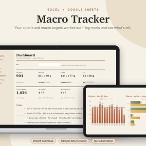 Macro Tracker Excel & Google Sheets, Calorie Counter + Food Log, TDEE + Macro Calculator, Protein Tracker, Food Database | Neutral Cream