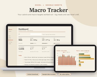 Macro Tracker Excel & Google Sheets, Calorie Counter + Food Log, TDEE + Macro Calculator, Protein Tracker, Food Database | Neutral Cream
