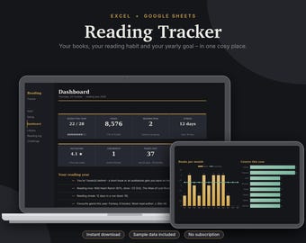 Reading Tracker Excel & Google Sheets, Book Log + Reading Journal, Reading Challenge, TBR List, Book Tracker Spreadsheet | Dark Mode