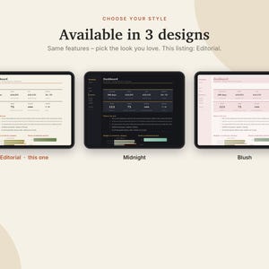 May include: Three tablets displaying a dashboard interface in three color themes: Editorial with a cream background, Midnight with a black background, and Blush with a light pink background. Text includes "Choose your style", "Available in 3 designs", "Same features - pick the look you love. This listing: Editorial."