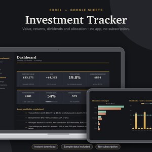 Investment Tracker Excel & Google Sheets, Dividend Tracker, Stock Portfolio Tracker, ETF + Asset Allocation, Rebalancing | Dark Mode