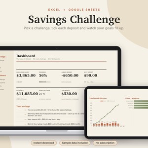 Savings Challenge Tracker Excel & Google Sheets, 52 Week + 100 Envelope Challenge, Savings Goal Tracker, No Spend Tracker | Neutral Cream