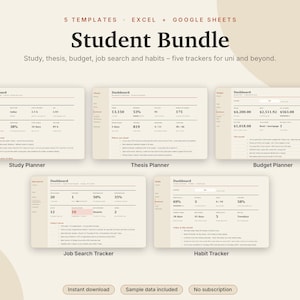 Student Planner Bundle Excel & Google Sheets, Study Planner, Thesis Tracker, Student Budget, Job Search + Habit Tracker | Neutral Cream