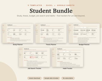 Student Planner Bundle Excel & Google Sheets, Study Planner, Thesis Tracker, Student Budget, Job Search + Habit Tracker | Neutral Cream