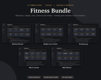 Fitness Spreadsheet Bundle Excel & Google Sheets, Workout Planner, Weight Loss Tracker, Running Log, Macro + Meal Planner | Dark Mode