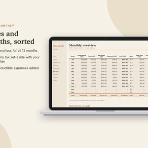 May include: A laptop screen displays a digital monthly overview spreadsheet titled Side Hustle. The table includes columns for gross income, fees, net income, expenses, profit, hours, rate per hour, and tax set-aside for twelve months.
