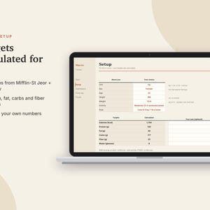 May include: A laptop screen displaying a digital macro tracker setup interface. The screen shows text including Targets calculated for you, Calories from Mifflin-St Jeor + activity, Protein, fat, carbs and fiber targets, and Or use your own numbers.