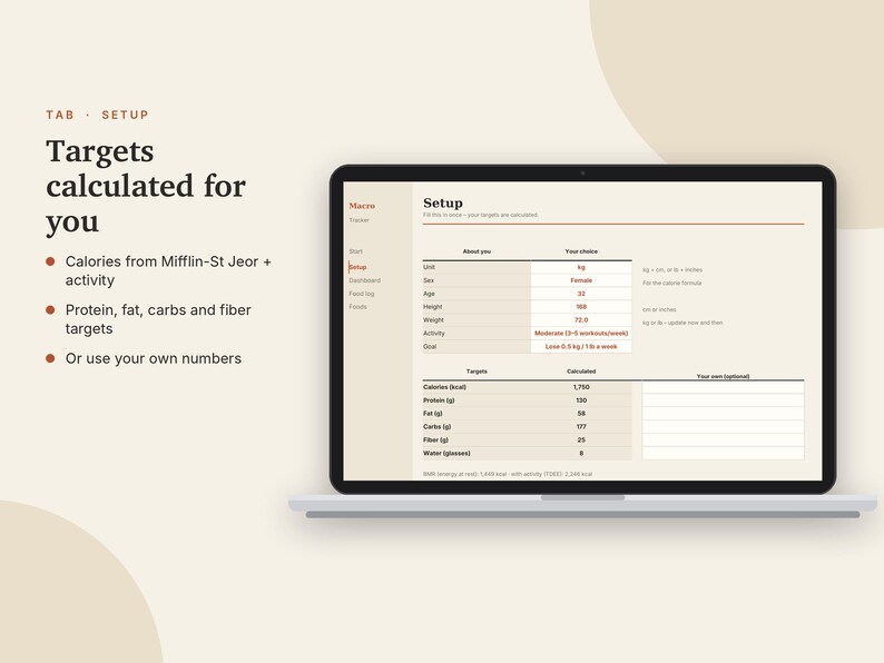 May include: A laptop screen displaying a digital macro tracker setup interface. The screen shows text including Targets calculated for you, Calories from Mifflin-St Jeor + activity, Protein, fat, carbs and fiber targets, and Or use your own numbers.