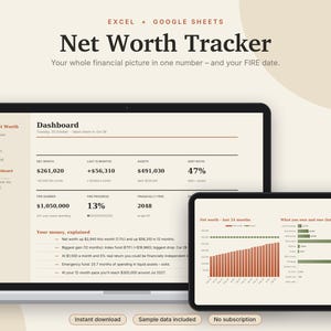 Net Worth Tracker Excel & Google Sheets, FIRE Calculator, Assets + Debt Tracker, Wealth Tracker, Financial Independence | Neutral Cream image 1