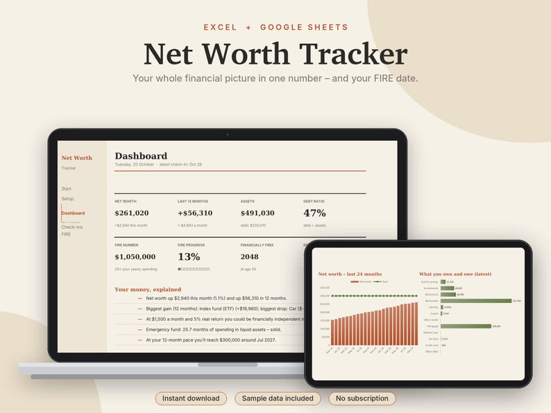 Net Worth Tracker Excel & Google Sheets, FIRE Calculator, Assets + Debt Tracker, Wealth Tracker, Financial Independence | Neutral Cream image 1
