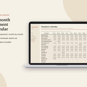 K&ouml;nnte beinhalten: Ein Laptop-Bildschirm zeigt eine 12-monatige Zahlungskalender-Oberfl&auml;che. Die digitale Tabelle listet verschiedene Abonnementdienste mit monatlichen Kosten auf, die nach Monaten geordnet sind. Der Text auf der linken Seite hebt Funktionen wie die Zahlungsverfolgung, j&auml;hrliche Verl&auml;ngerungen und kostenlose Testversionen hervor.