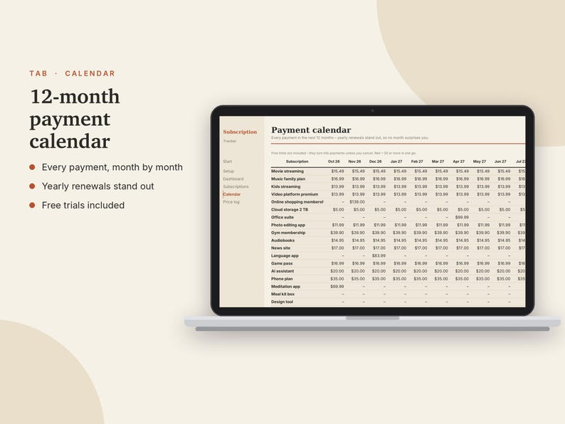 K&ouml;nnte beinhalten: Ein Laptop-Bildschirm zeigt eine 12-monatige Zahlungskalender-Oberfl&auml;che. Die digitale Tabelle listet verschiedene Abonnementdienste mit monatlichen Kosten auf, die nach Monaten geordnet sind. Der Text auf der linken Seite hebt Funktionen wie die Zahlungsverfolgung, j&auml;hrliche Verl&auml;ngerungen und kostenlose Testversionen hervor.