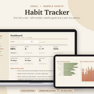 Habit Tracker Excel & Google Sheets, Daily Habit Tracker with Streaks, Monthly + Yearly Goal Tracker, Routine Planner | Neutral Cream