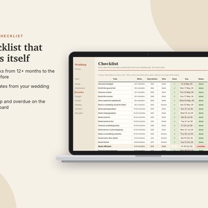 May include: A laptop screen displaying a digital wedding planning checklist with columns for tasks, timing, and status. Text on the left reads: Checklist that dates itself, 55 tasks from 12+ months to the day before, due dates from your wedding date.