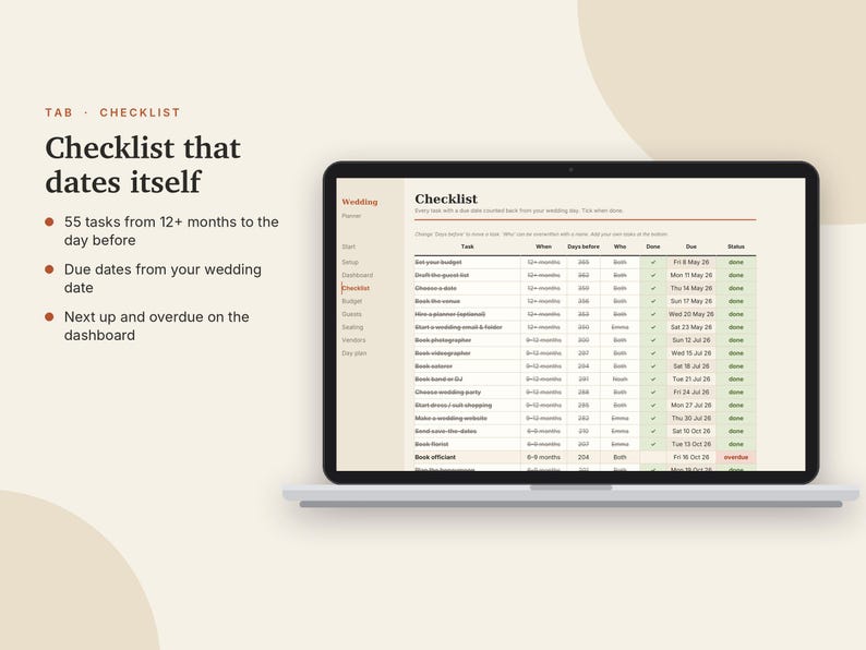 May include: A laptop screen displaying a digital wedding planning checklist with columns for tasks, timing, and status. Text on the left reads: Checklist that dates itself, 55 tasks from 12+ months to the day before, due dates from your wedding date.