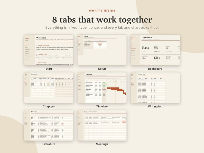 Thesis Planner Excel & Google Sheets, Dissertation Tracker, Word Count Tracker, PhD + Master Thesis Timeline, Gantt Chart | Neutral Cream image 4