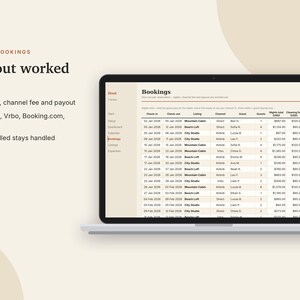 以下が含まれることがあります： Bookingsというタイトルの表を含む予約管理インターフェースを表示するノートパソコンの画面。左側のテキストには、Payout worked out、Nights, channel fee and payout、Airbnb, Vrbo, Booking.com, direct、およびCancelled stays handledと記載されています。