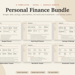 Personal Finance Spreadsheet Bundle Excel & Google Sheets, Budget Planner, Debt Payoff, Savings, Net Worth, Investments | Neutral Cream